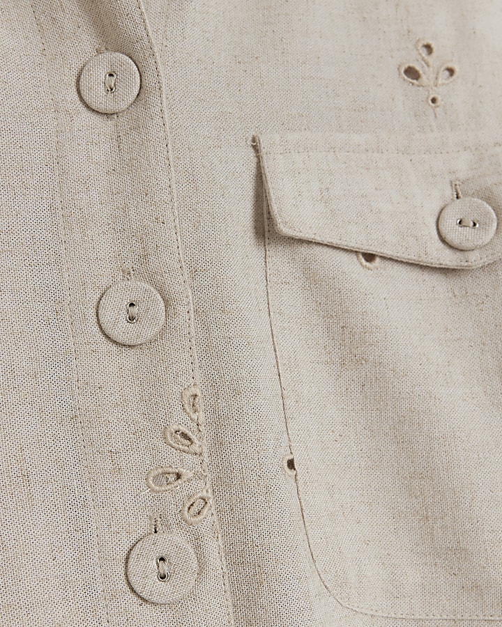 Stone linen blend broderie detail shirt