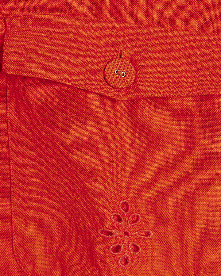 Red linen blend broderie detail shirt