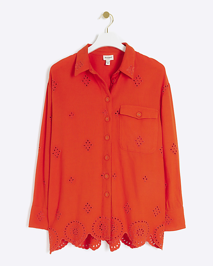 Red linen blend broderie detail shirt