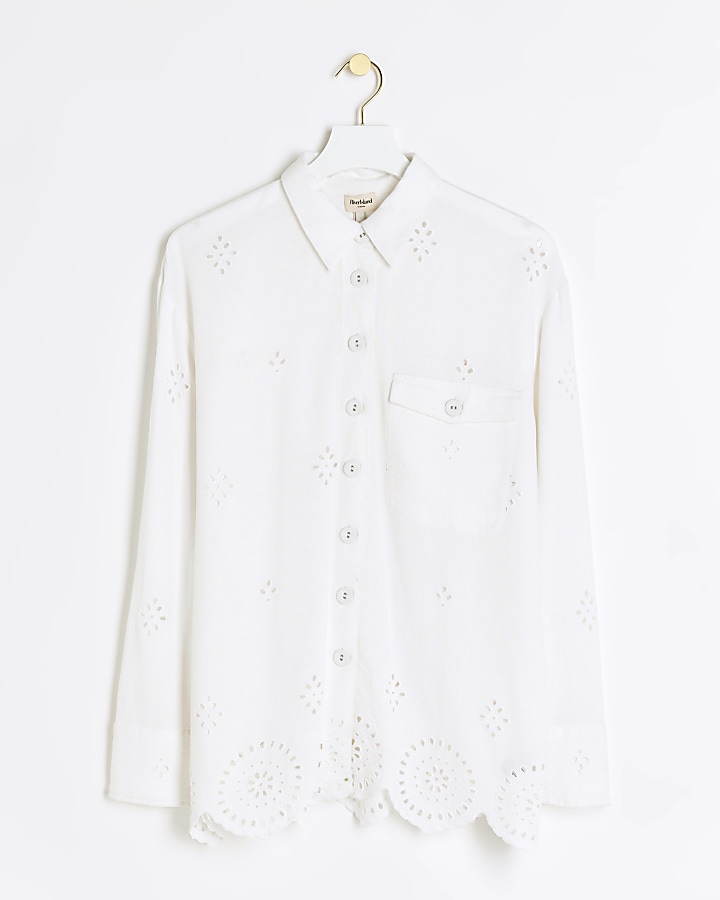 White linen blend broderie detail shirt