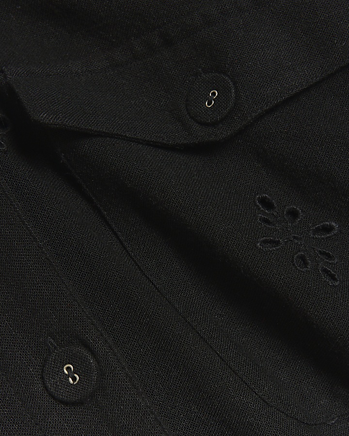 Black linen blend broderie detail shirt