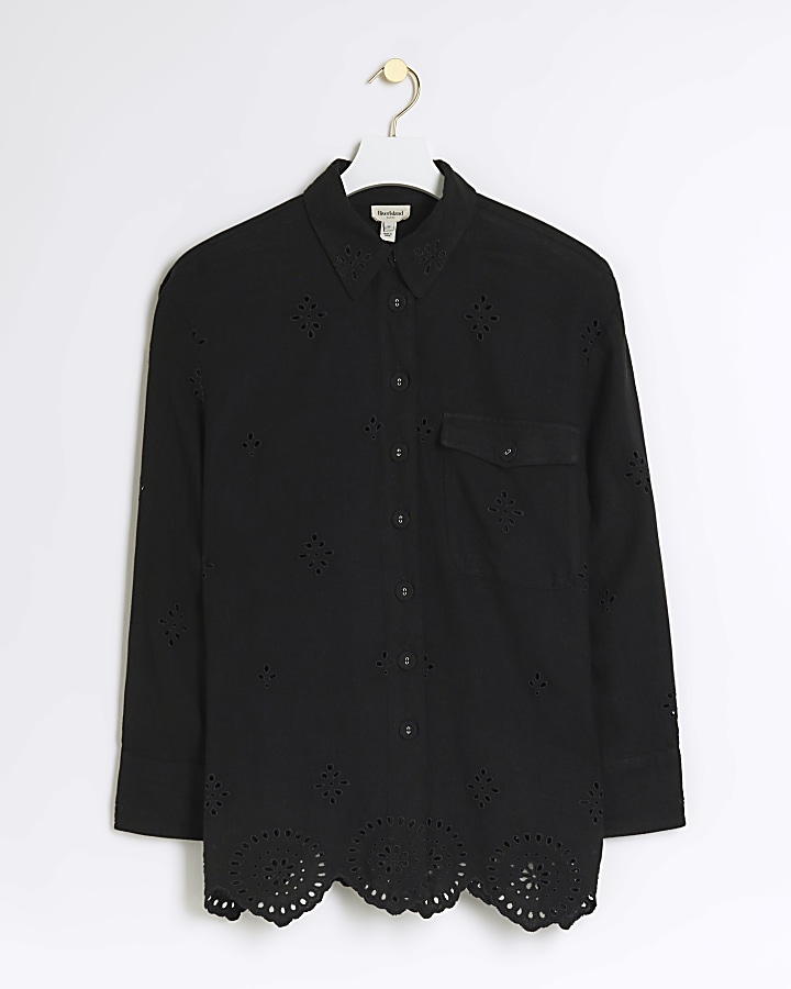 Black linen blend broderie detail shirt