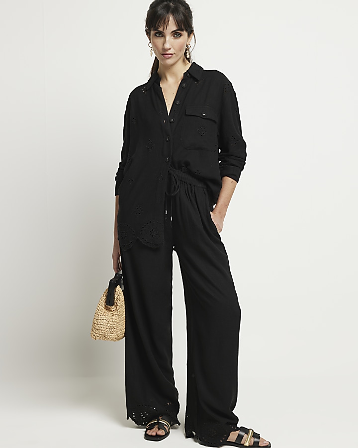 Black Linen blend Trousers River Island