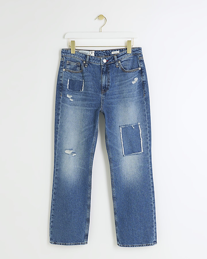 Petite blue patch stove pipe straight jeans