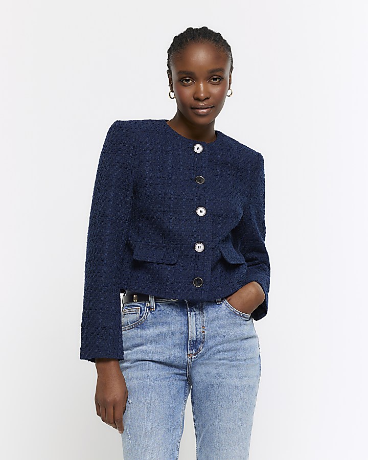 Navy boucle crop trophy jacket | River Island