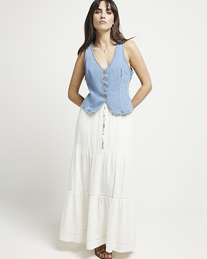 womens white tiered maxi skirt