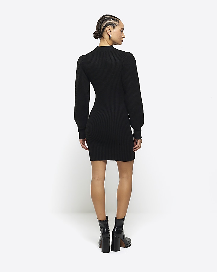 Black rib puff sleeve jumper mini dress