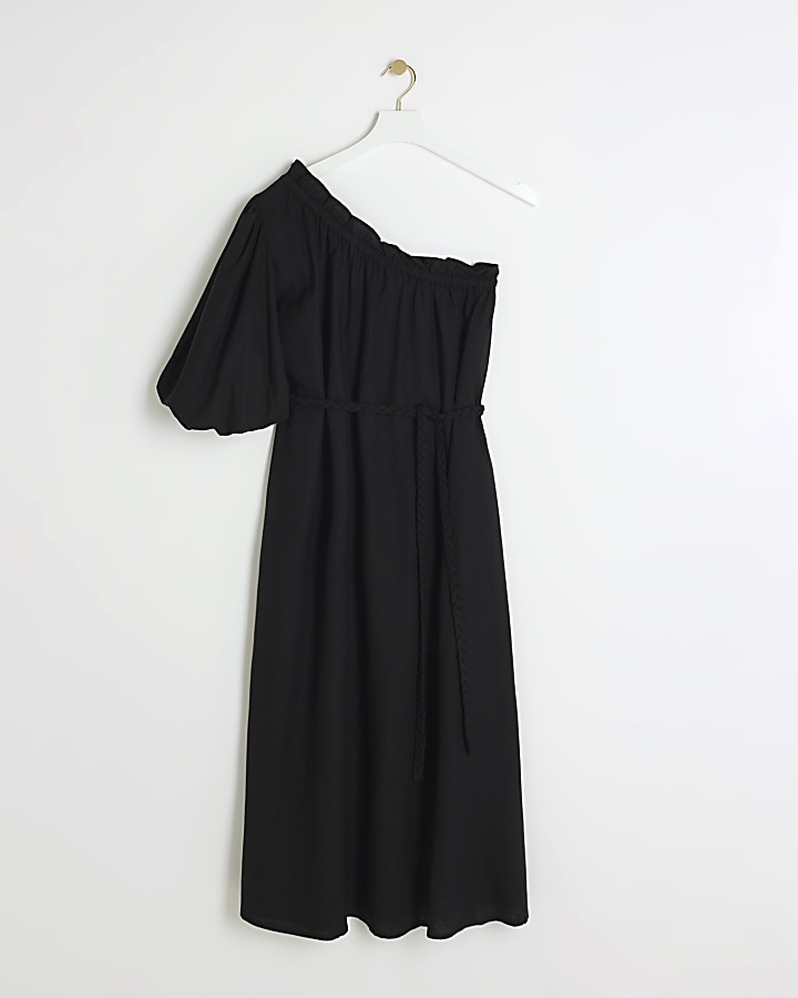 Black linen blend belted shift midi dress