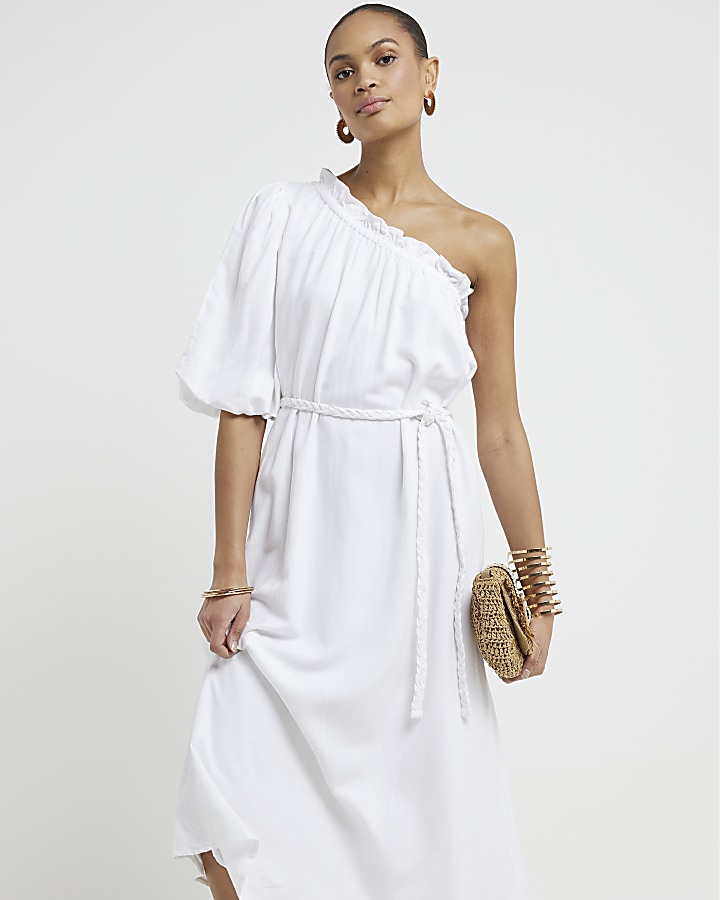 White linen blend belted shift midi dress