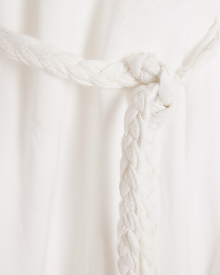 White linen blend belted shift midi dress