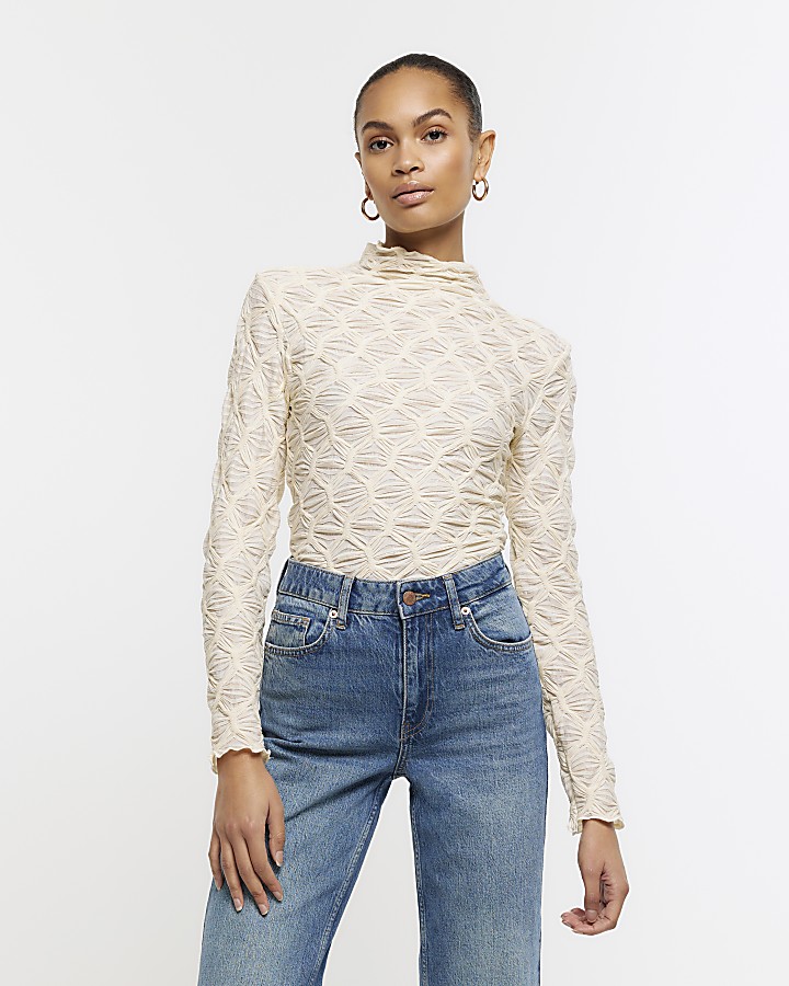 Cream textured long sleeve top