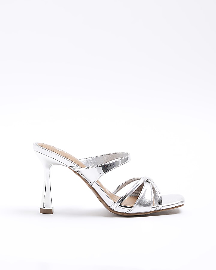 Silver cross strap heeled mule sandals