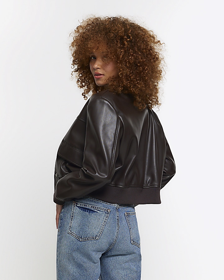 Brown faux leather crop bomber jacket