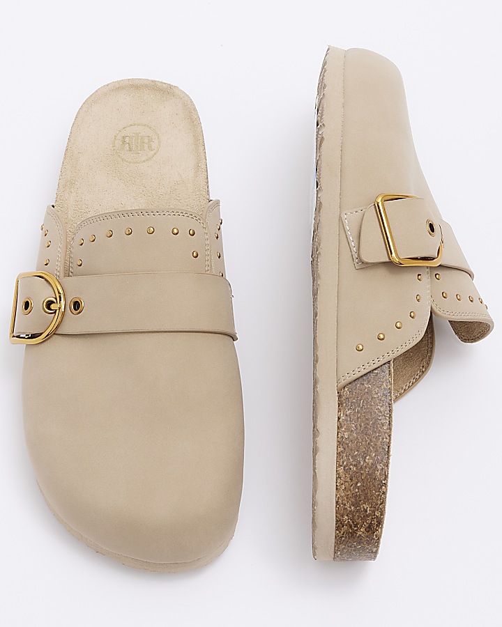 Stone studded buckle mule shoes