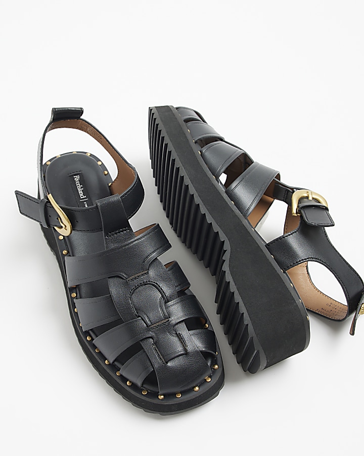 Black Studded Gladiator Flat Sandals | River Island