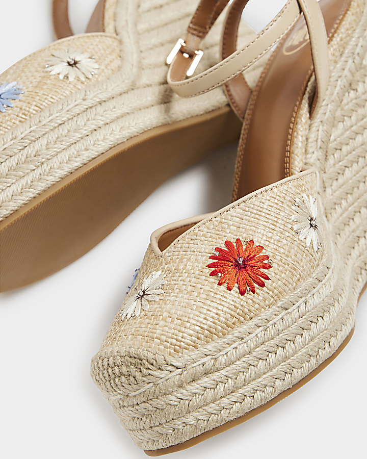 Beige embroidered espadrille wedge sandals