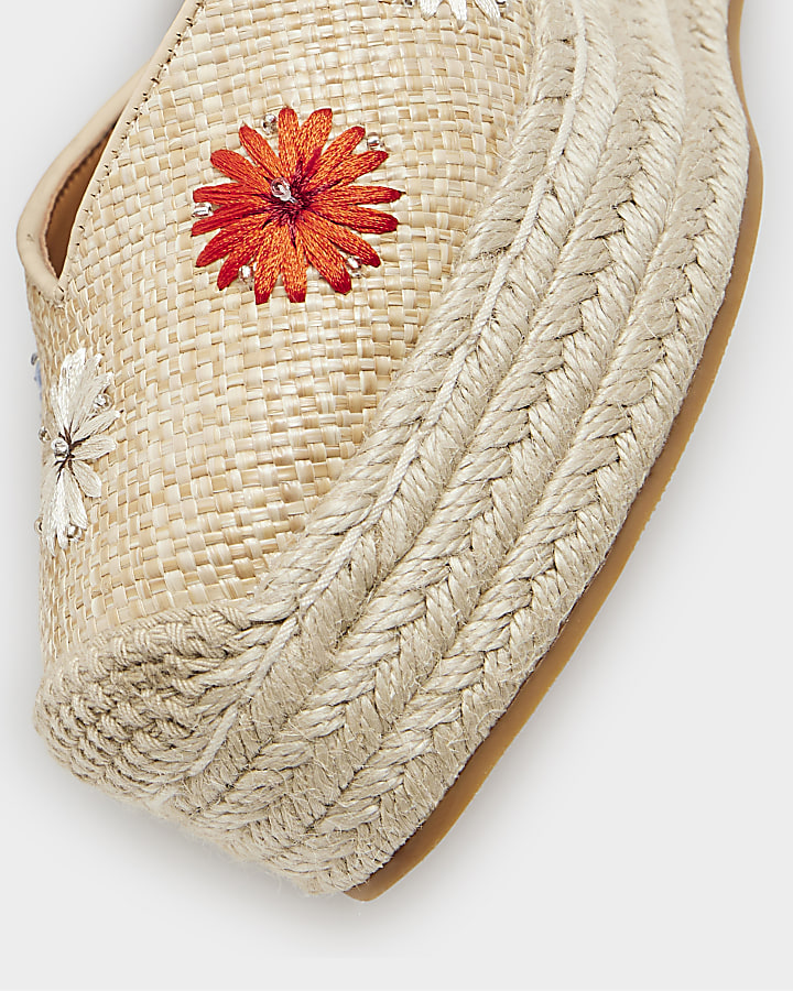 Beige embroidered espadrille wedge sandals