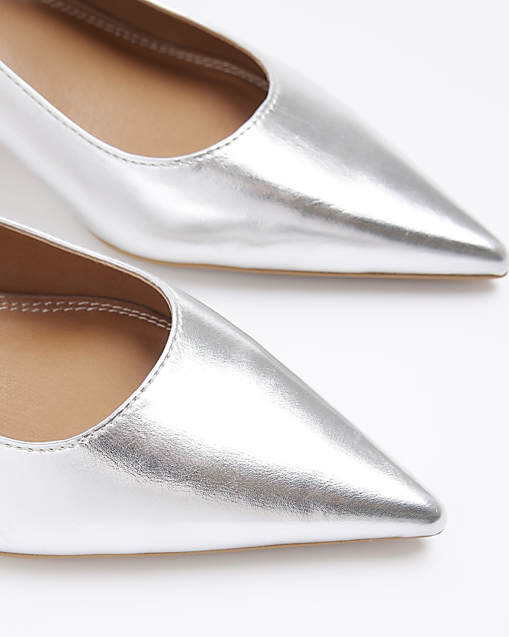 Silver twist strap heeled court shoes