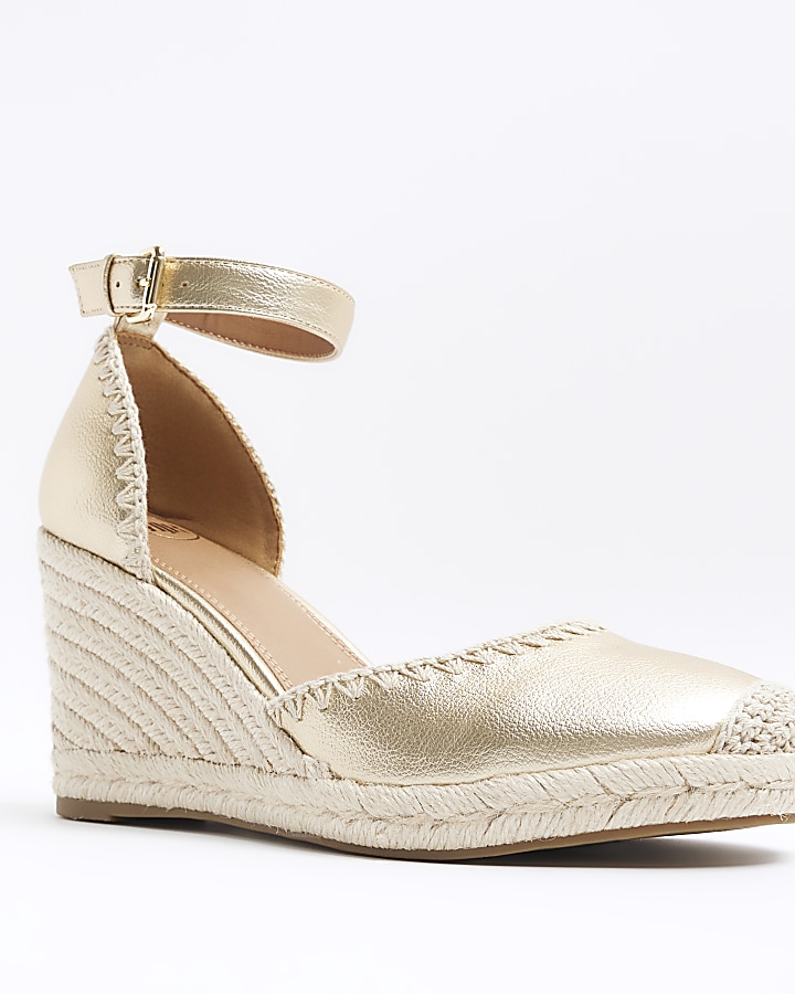 Gold wide fit stitch wedge espadrille sandals