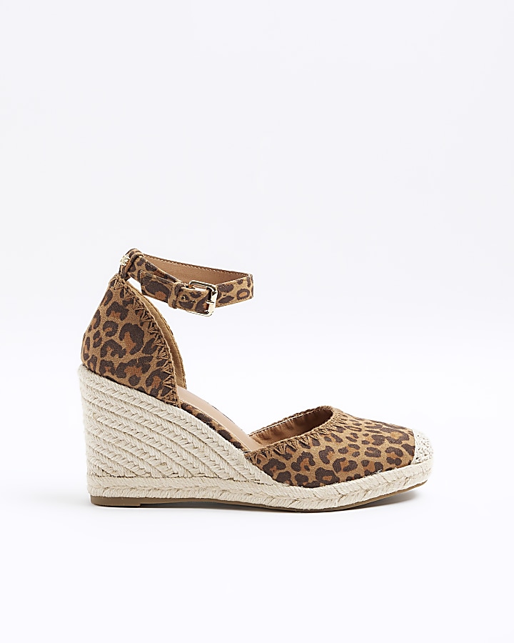 Brown leopard print espadrille wedge sandals