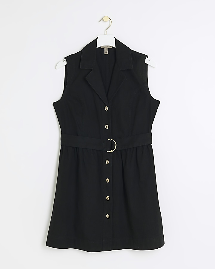 Black denim belted mini shirt dress