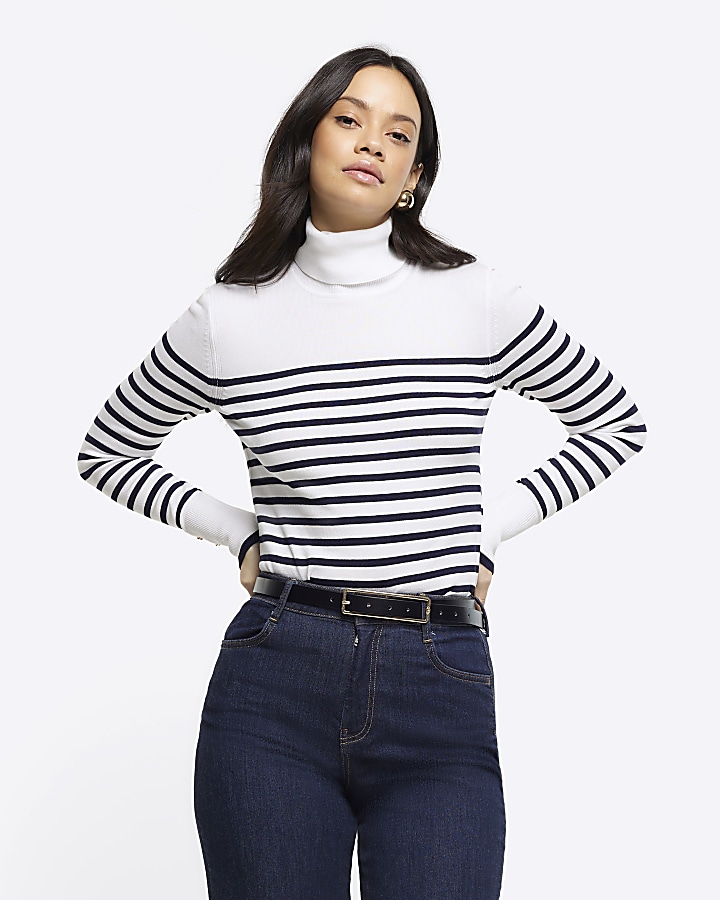 Navy rib stripe roll neck jumper