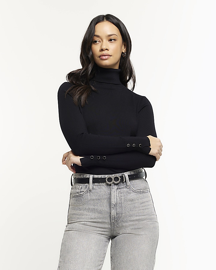 Black rib roll neck jumper