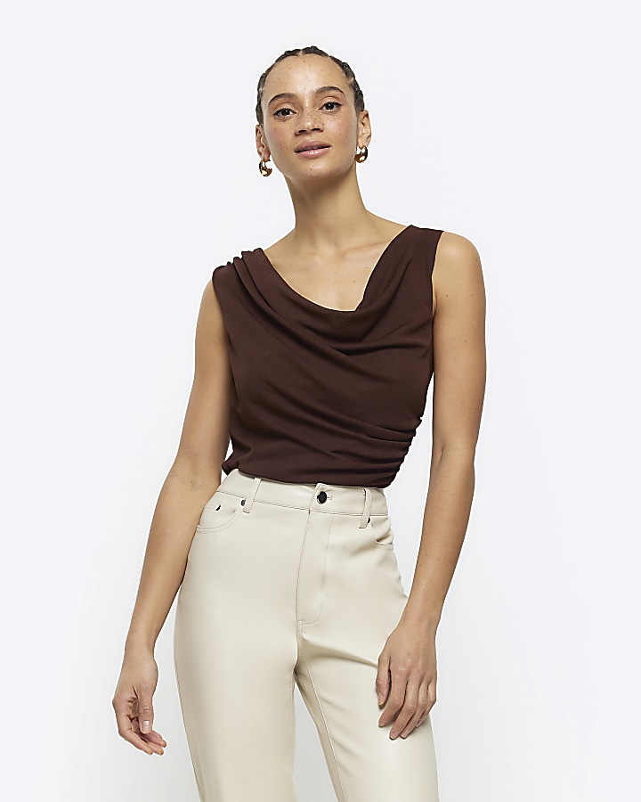 Brown cowl neck tank top