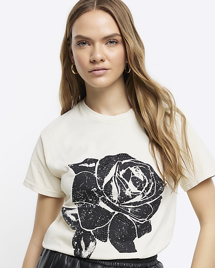 Beige graphic rose t-shirt | River Island
