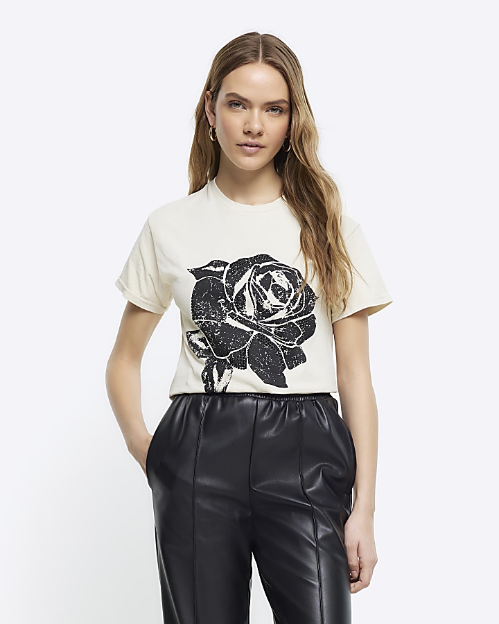 Beige graphic rose t-shirt