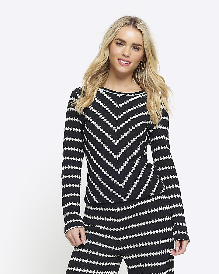 Petite black crochet stripe long sleeve top