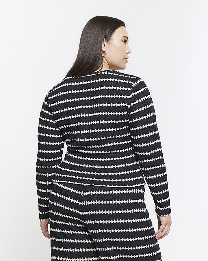Plus black crochet stripe long sleeve top