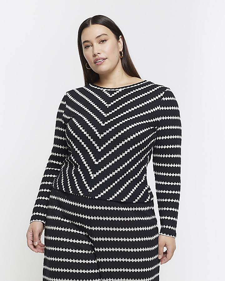 Plus black crochet stripe long sleeve top
