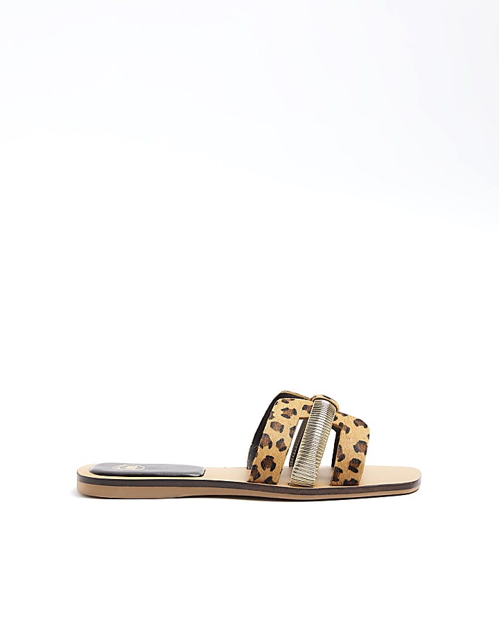 Beige leather leopard print flat sandals