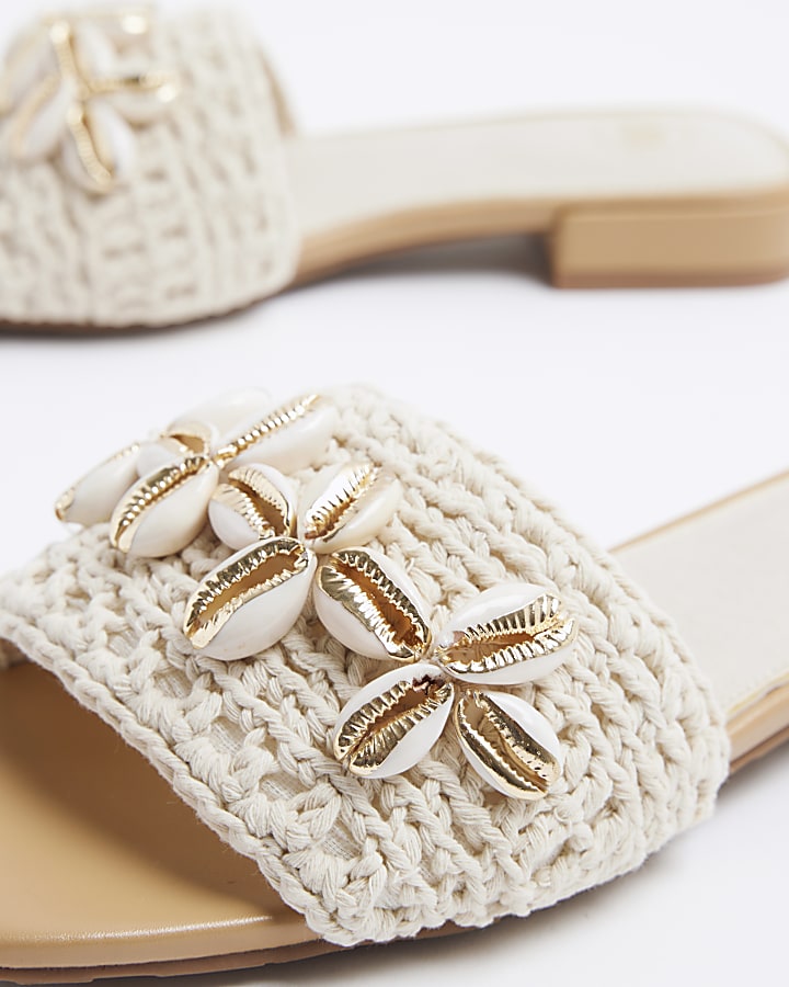 Cream crochet embellished mule sandals