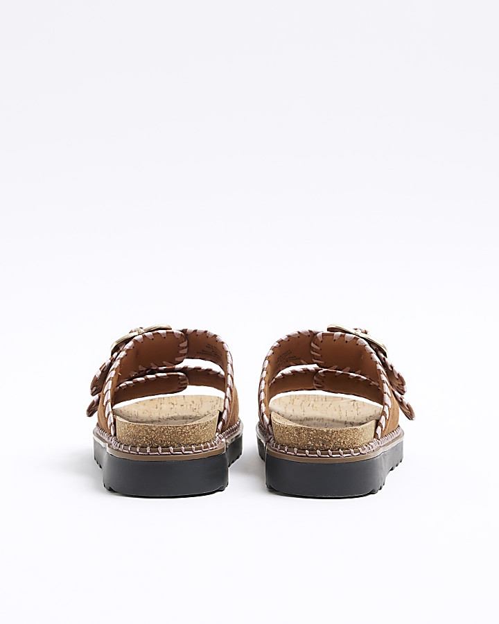 Brown Stitched Double Buckle Sandals