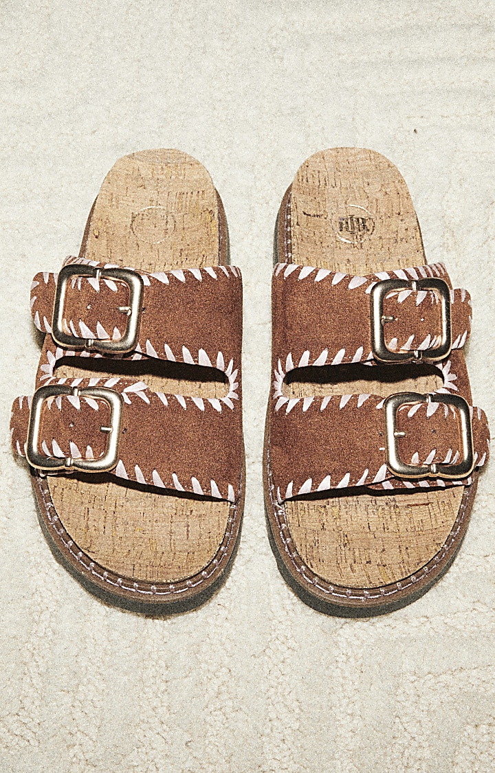 Brown Stitched Double Buckle Sandals