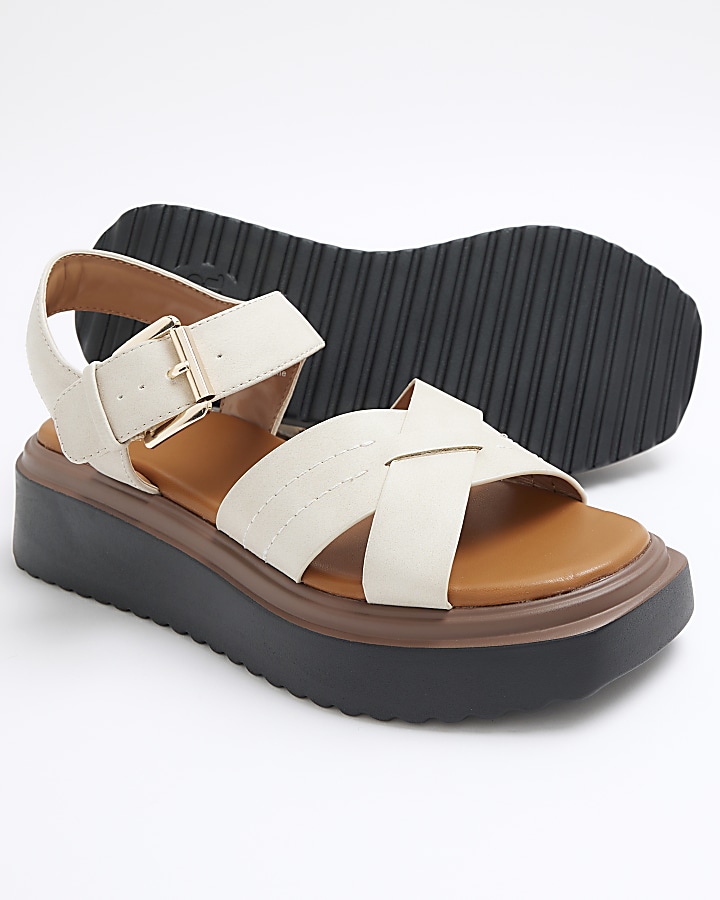 Beige cross strap flatform sandals
