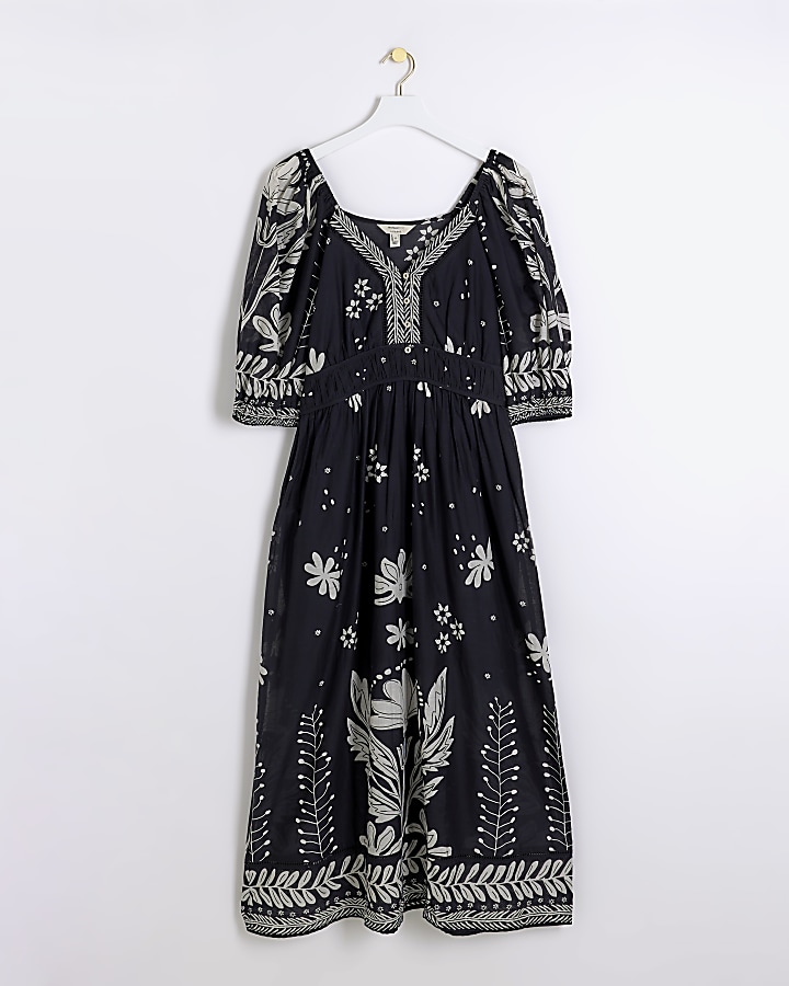 Black floral puff sleeve swing maxi dress