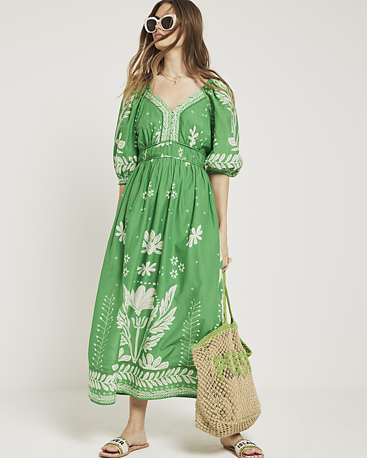 Green floral puff sleeve swing maxi dress