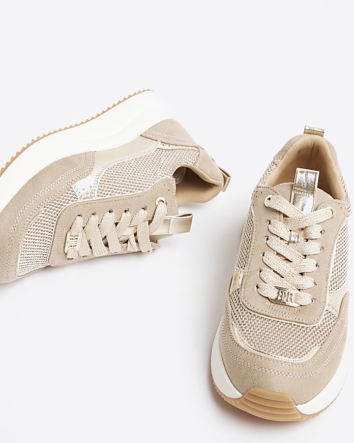 Beige mesh panel lace up trainers