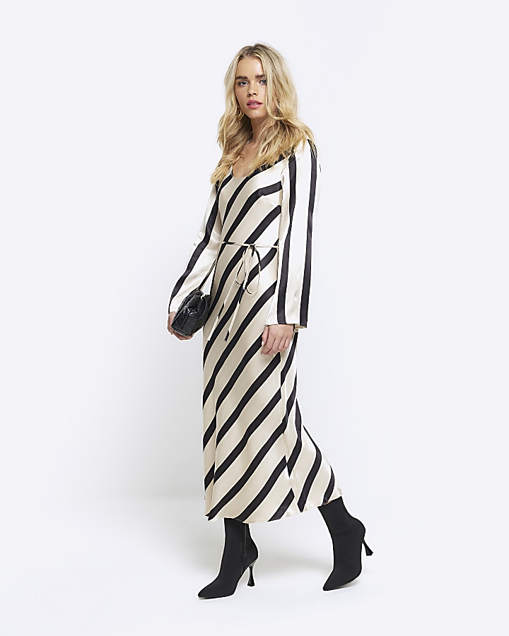 Petite white satin stripe slip midi dress