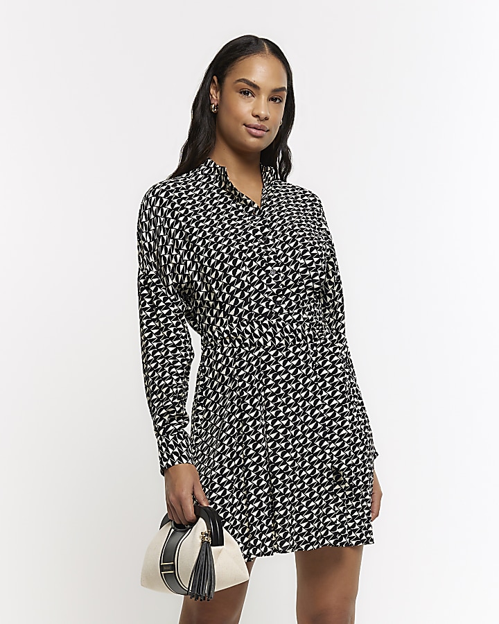 Black geometric belted mini shirt dress