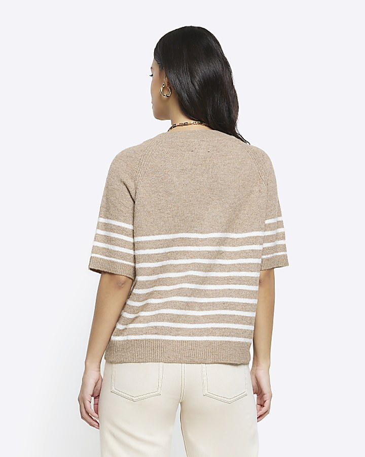 Beige knit stripe t-shirt