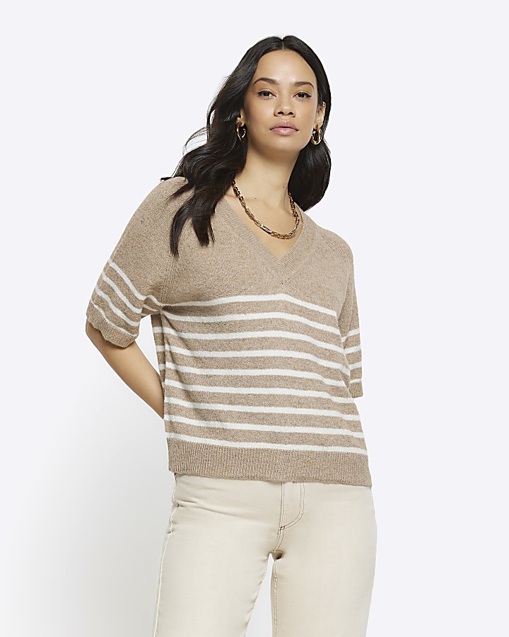 Beige knit stripe t-shirt