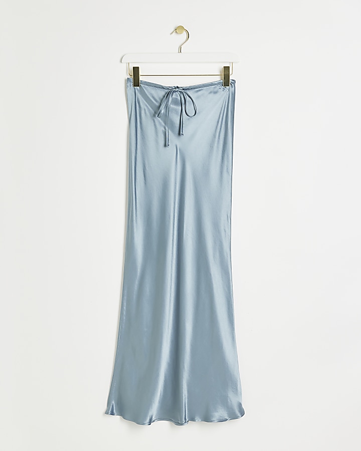 Blue satin tie waist midi skirt
