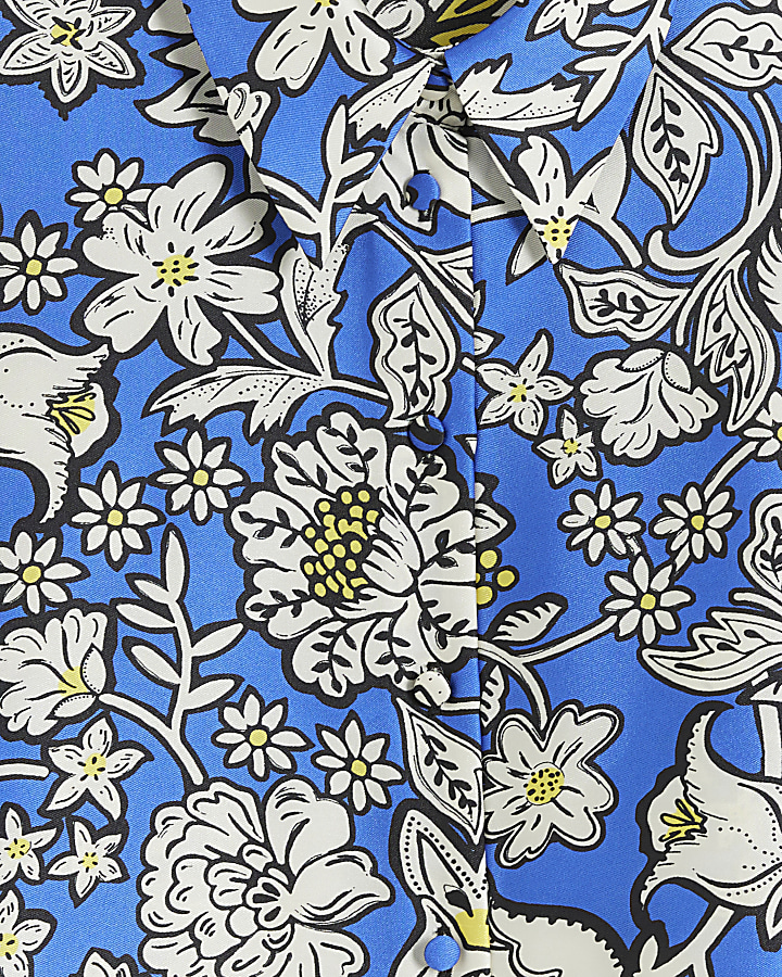 Blue satin floral crop shirt