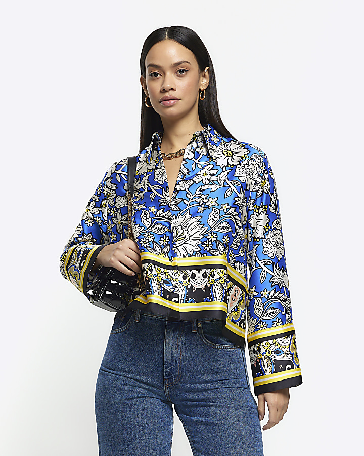 Blue satin floral crop shirt