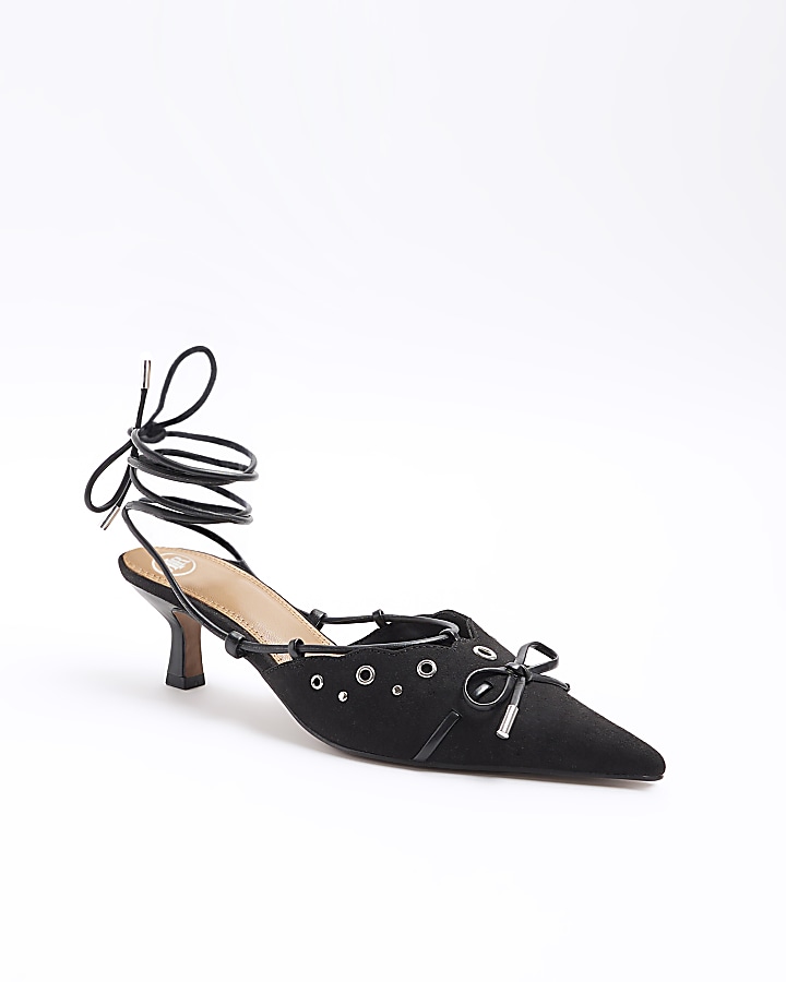 Black eyelets lace up heeled court shoes