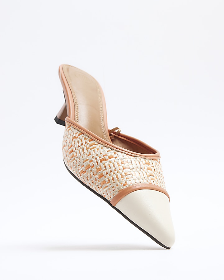 Orange raffia kitten heeled court shoes